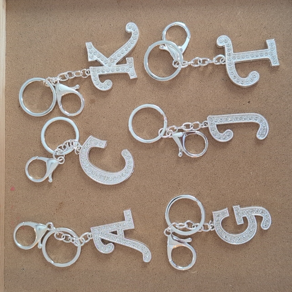 Silver Initial Keychain Bag Charm with Rhinestones Choices: A C K G J T M N S